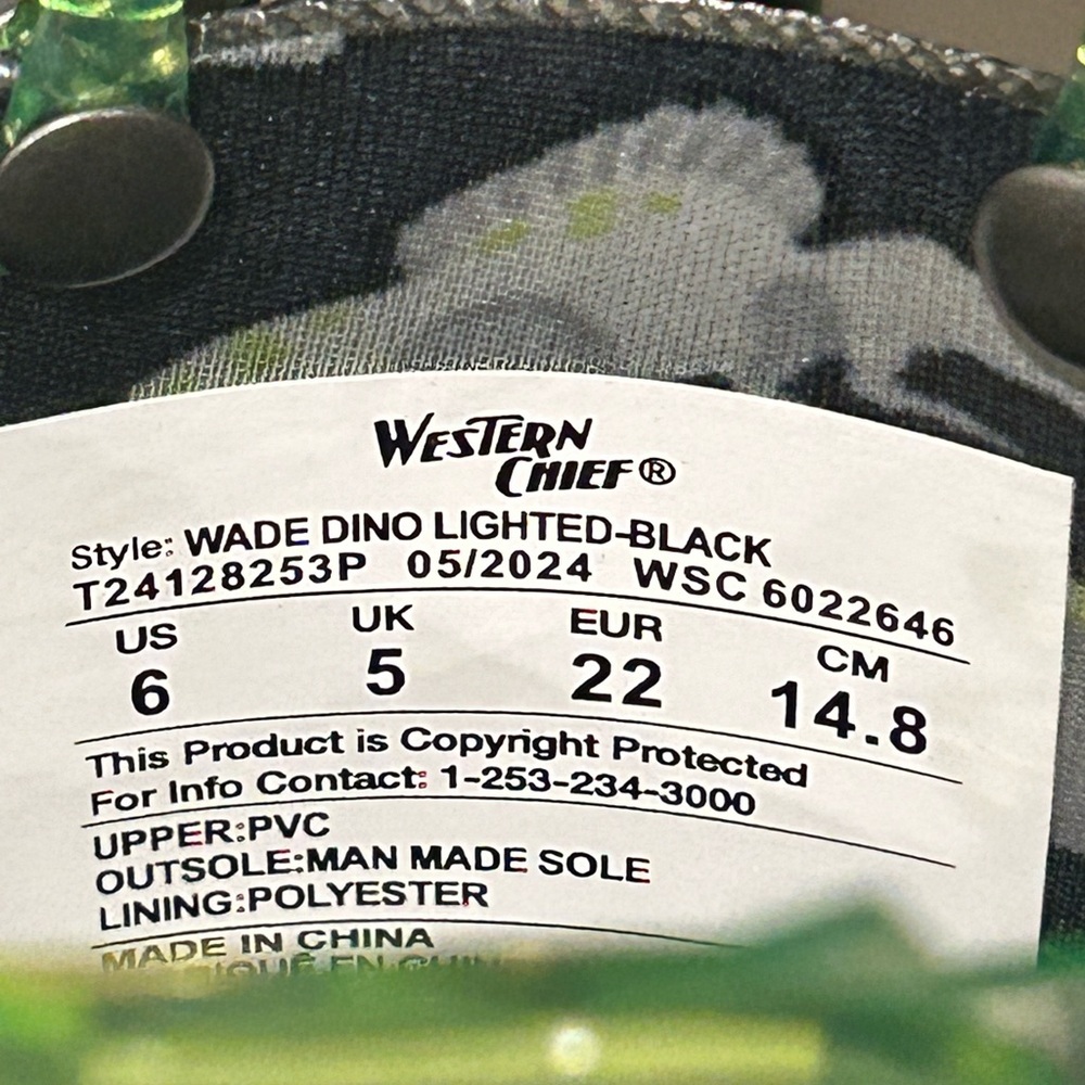 WESTERN CHIEF Kid's Sketch Dino Lighted Waterproof Rain Boot Toddler Size 6 - Picture 9 of 9